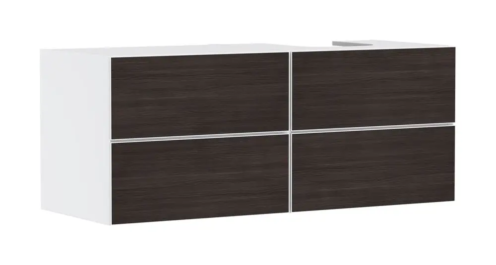 Weißer Waschtischunterschrank von Hansgrohe mit vier Schubkästen und einer rechteckigen Öffnung auf der Oberseite. Holzdesign kombiniert mit mattem Finish.